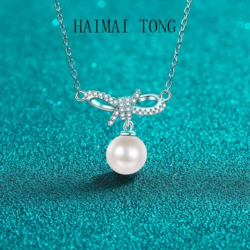 

HAIMAITONG moissanite diamond pt950 Platinum Pearl Necklace Women's bow Sweet pendant cute girl collarbone chain simple