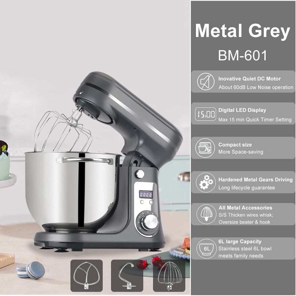 BioloMix keukenvoedselmixer, blender, stille motor, crème eiergarde, zweepdeegkneder, 6 snelheden, 1200 W, 6 l, DC
