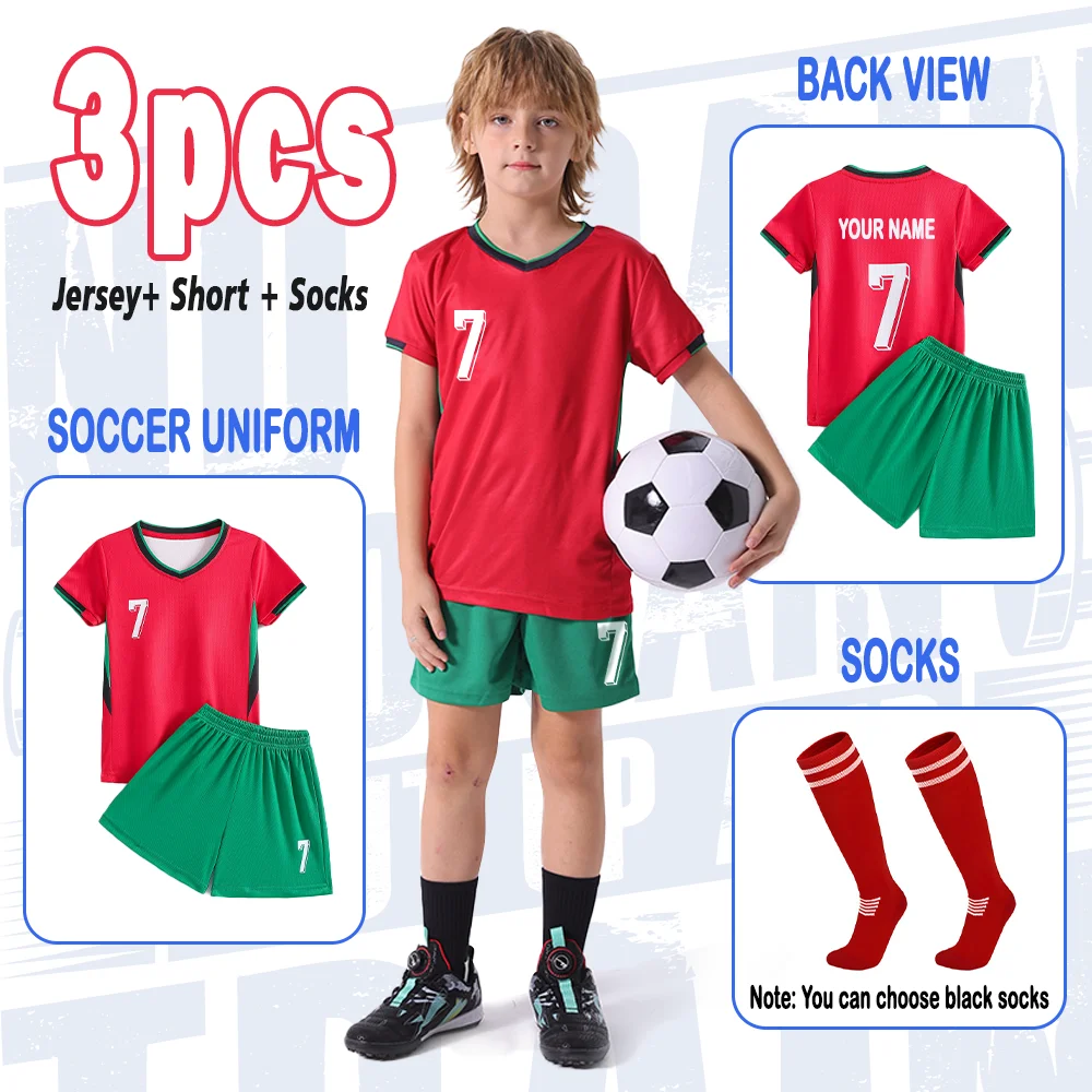 Kit Soccer Jerseys Kids Red No.7 T-shirt & Short Set Custom DIY Name Football Spports Fan Gift 3-13Years