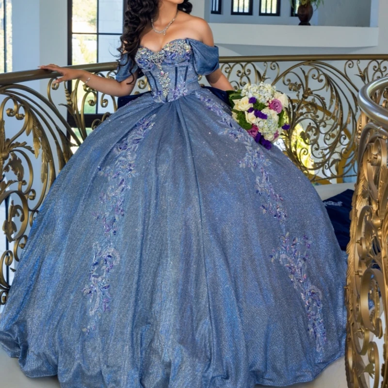 

Морской синий блестящие платья Quinceanera с открытыми плечами и блестками, аппликация, кружево, бисер, хрустальный бант, тюлевой корсет, вечерние, день рождения, сладкий 16