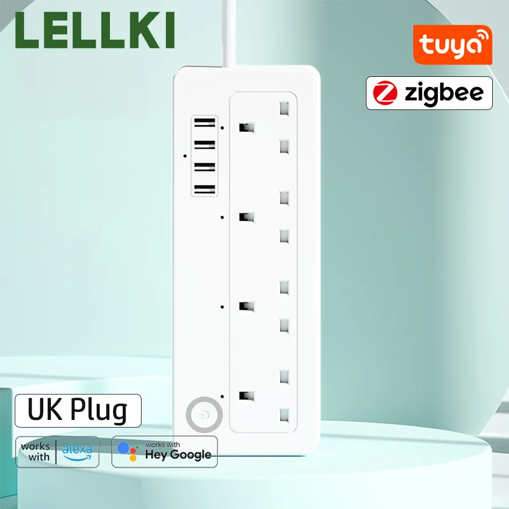 

LELLKI Zigbee Power Strip UK Smart Plug Electricity 4USB Charging Socket Multi-tap 220V 13A Outlet Tuya Timer Alexa Zigbee2mqtt