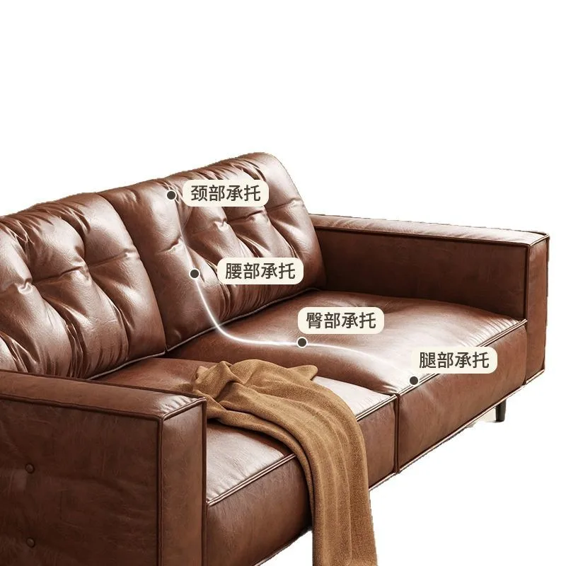 

Retro oil wax leather sofa small apartment living room Italian minimalist double three-person