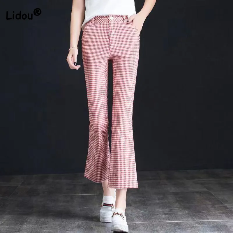 

Button Pockets Nine Point Micro Flared Pants for Women High Waist Casual Spring Summer 2023 New Loose Plaid Small Slit Trousers