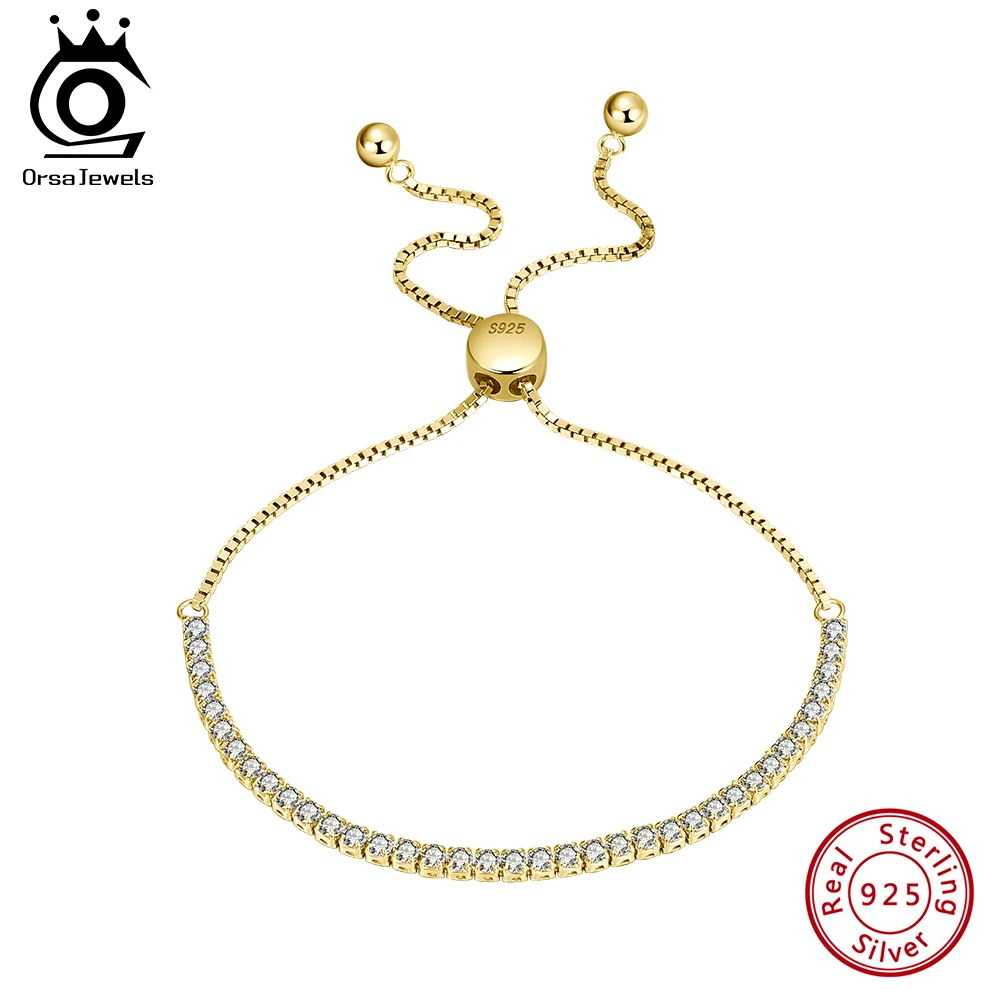 

ORSA JEWELS Luxury Tennis Bracelet Half 2MM Zirconia 925 Sterling Silver Adjustable Hand Chain for Women Gold Jewelry SB43-14K