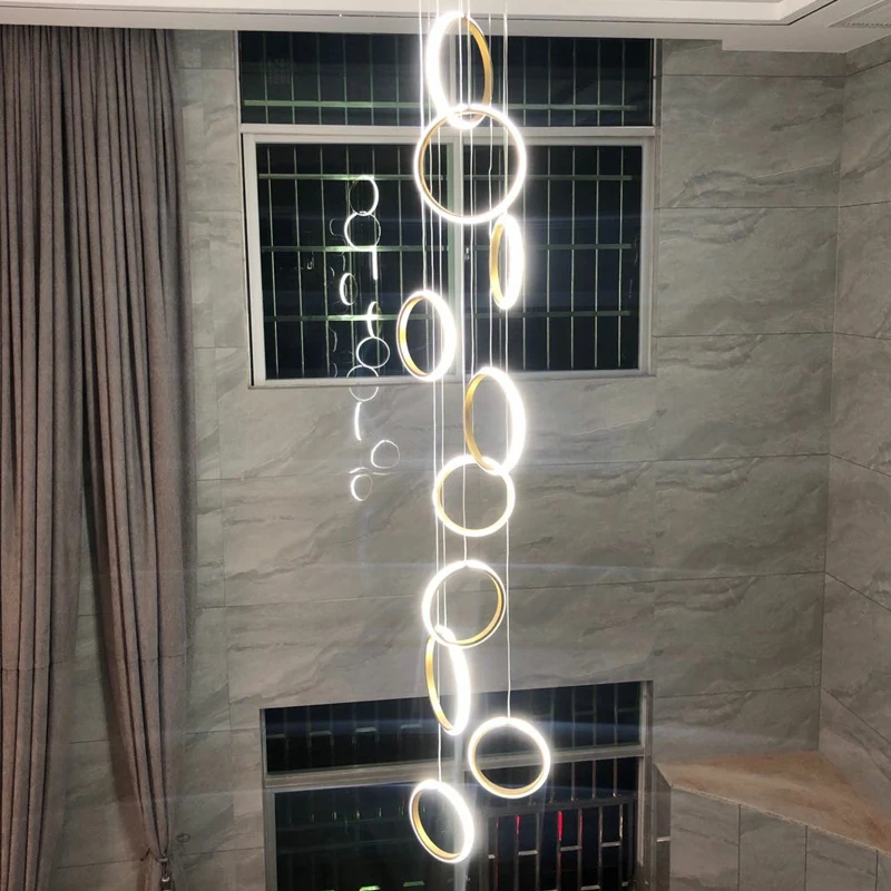 

2022 new modern chandelier luxury villa staircase lighting hanging lamp ring long line Chandelier pendant lights hanging