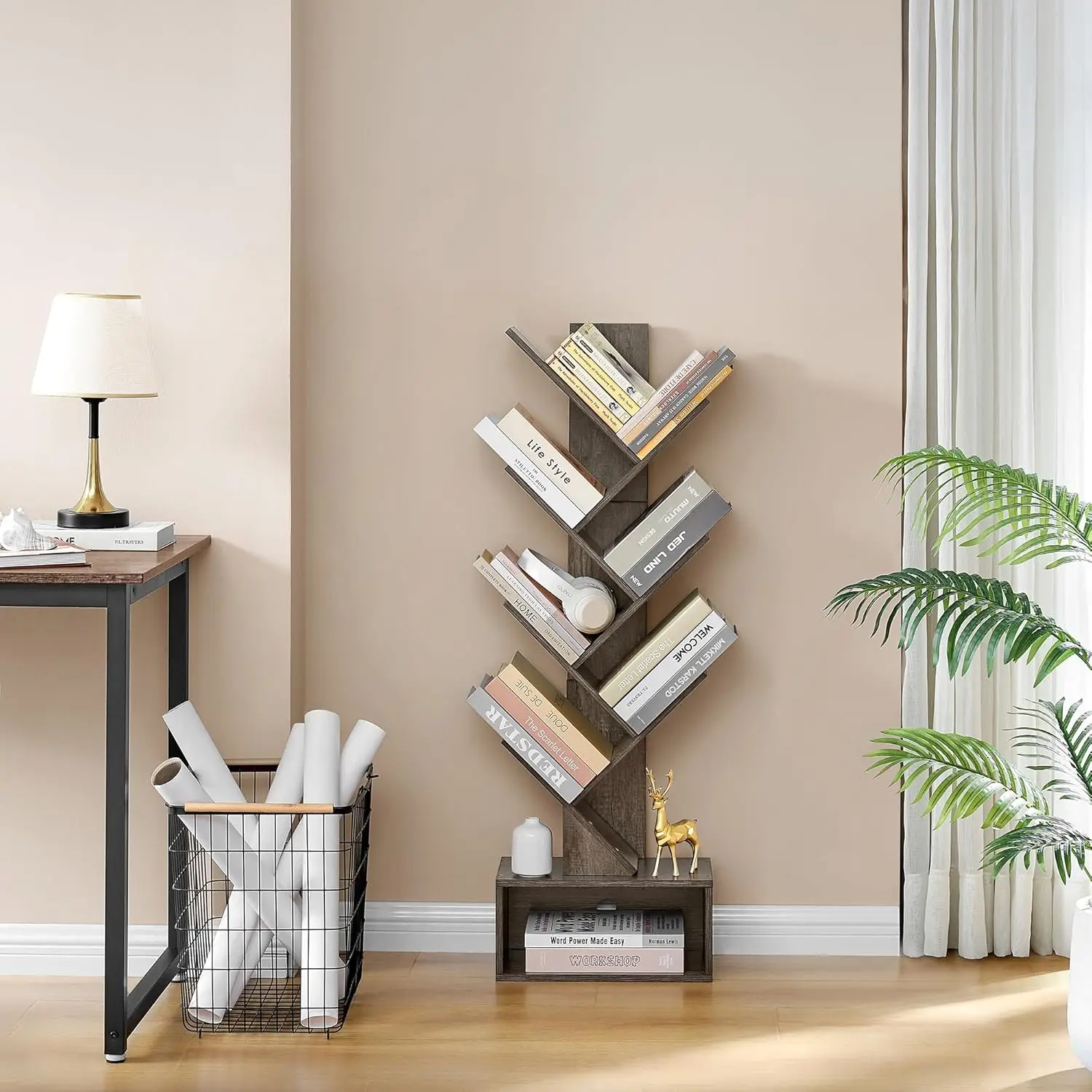 6 Tier Tree Bookshelf, Tall Bookcase with Drawer, Freestanding Book Shelf, Display Floor Standing Storage Shelf, Book Or
