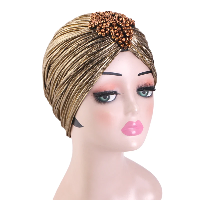 New Women Luxury Metallic Shinny Ruffle Turban Muslim Head Wrap With Beaded Flower Lady Chemo Bandanas Hijab Hair Accessories