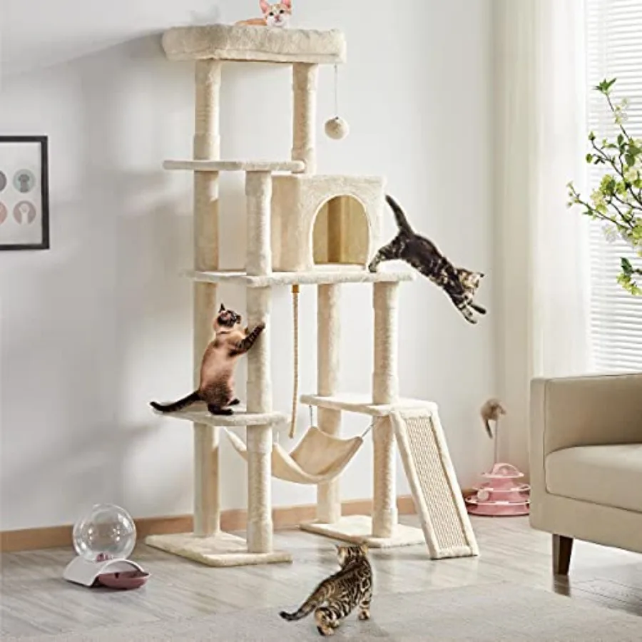 63in Large Cat Tree Cat Tower, Padded Perch, Stable Frame Multi-level spacious layout, ideal indoor pet play space, roomy for l