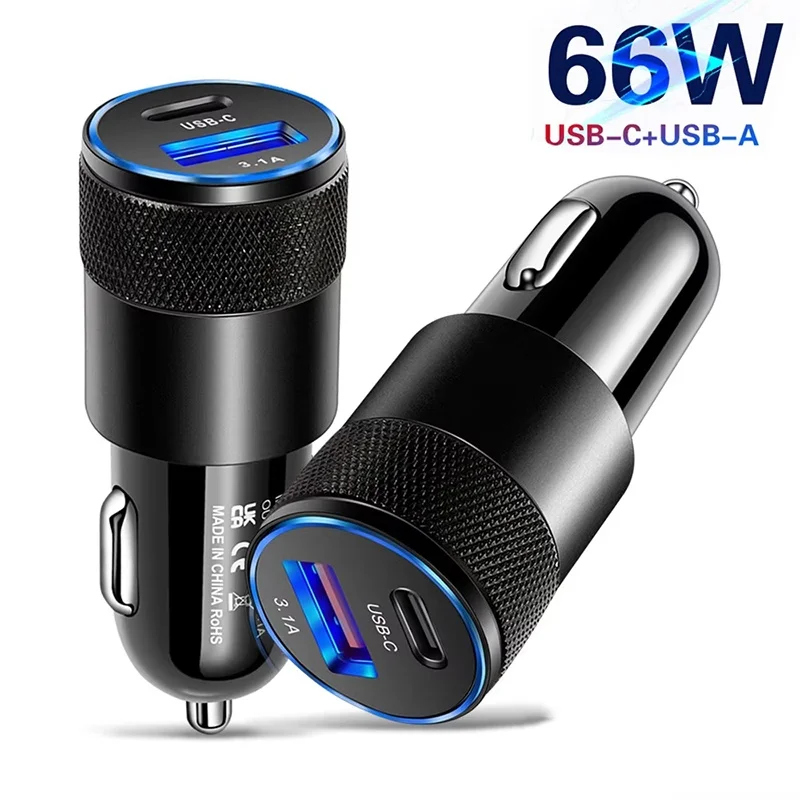

66W USB Car Charger Type C Fast Charging Phone Adapter PD Phone Charger Car Adapter Cigarette Lighter Charger For Xiaomi Huawei