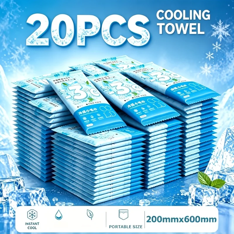 20Pcs Disposable Non‑Woven Cooling Towels 200×600mm Individual Pack Instant Cool Wipes for Beach Travel Gym Hiking Camping Hot W