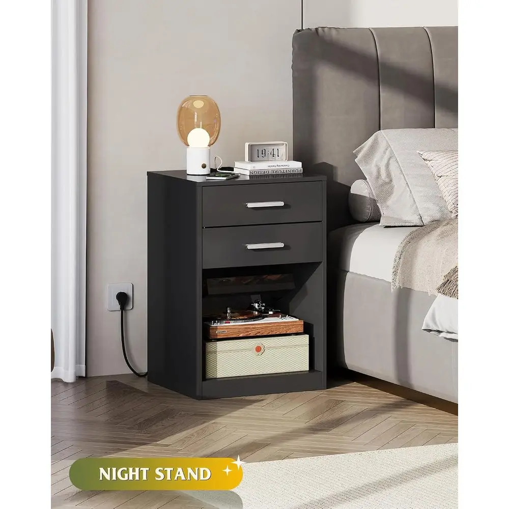 Nightstand Set o 2 with Charging Station, Wood Night Stand Sets with 2 Ders and Open Shel, Bed Side Tables Bedroom, Living Room,