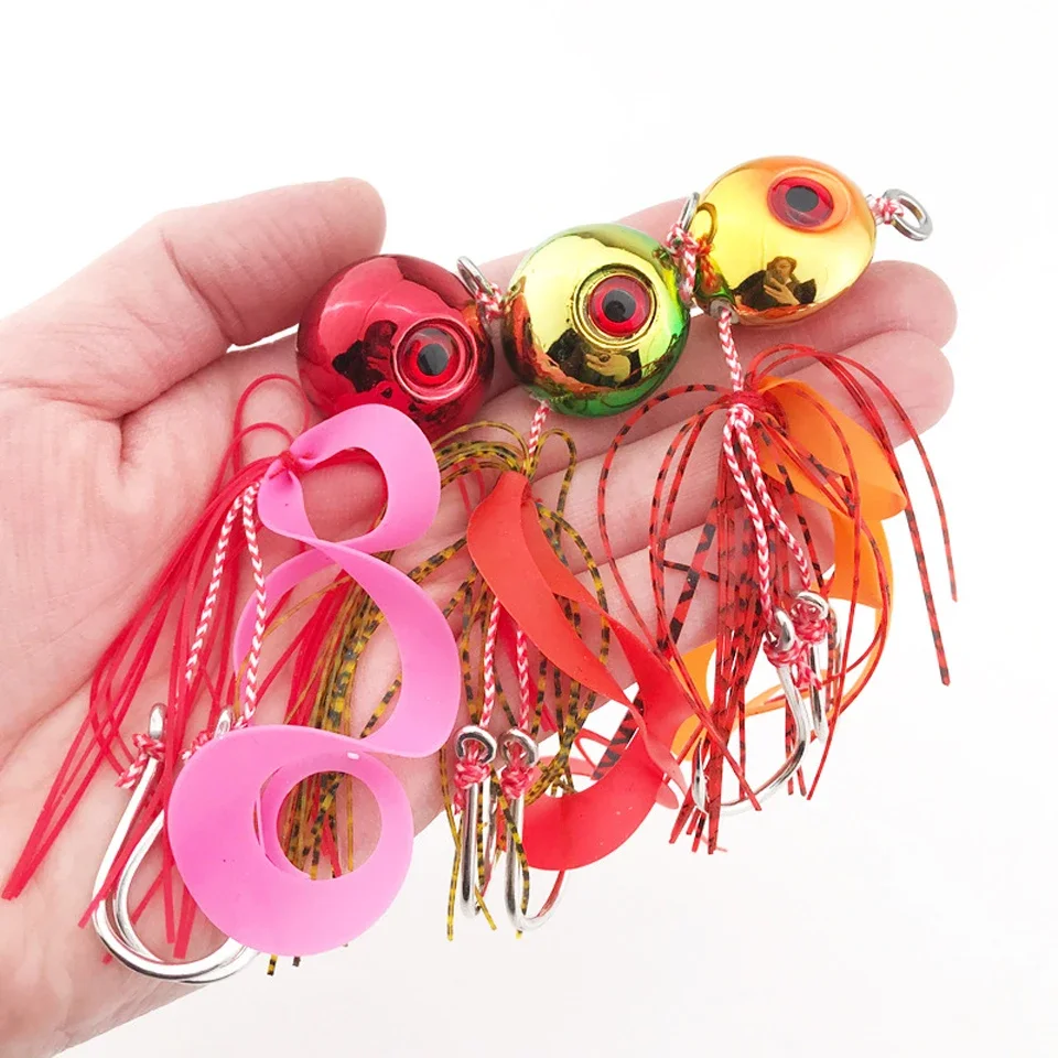 Deep Sea Slow Jig Head with Skirt, Lead Silicone Baits, Saltwater Fishing Lure, 3D Eyes, 60g, 80g, 100g, 120g, 150g, 200g - view 3