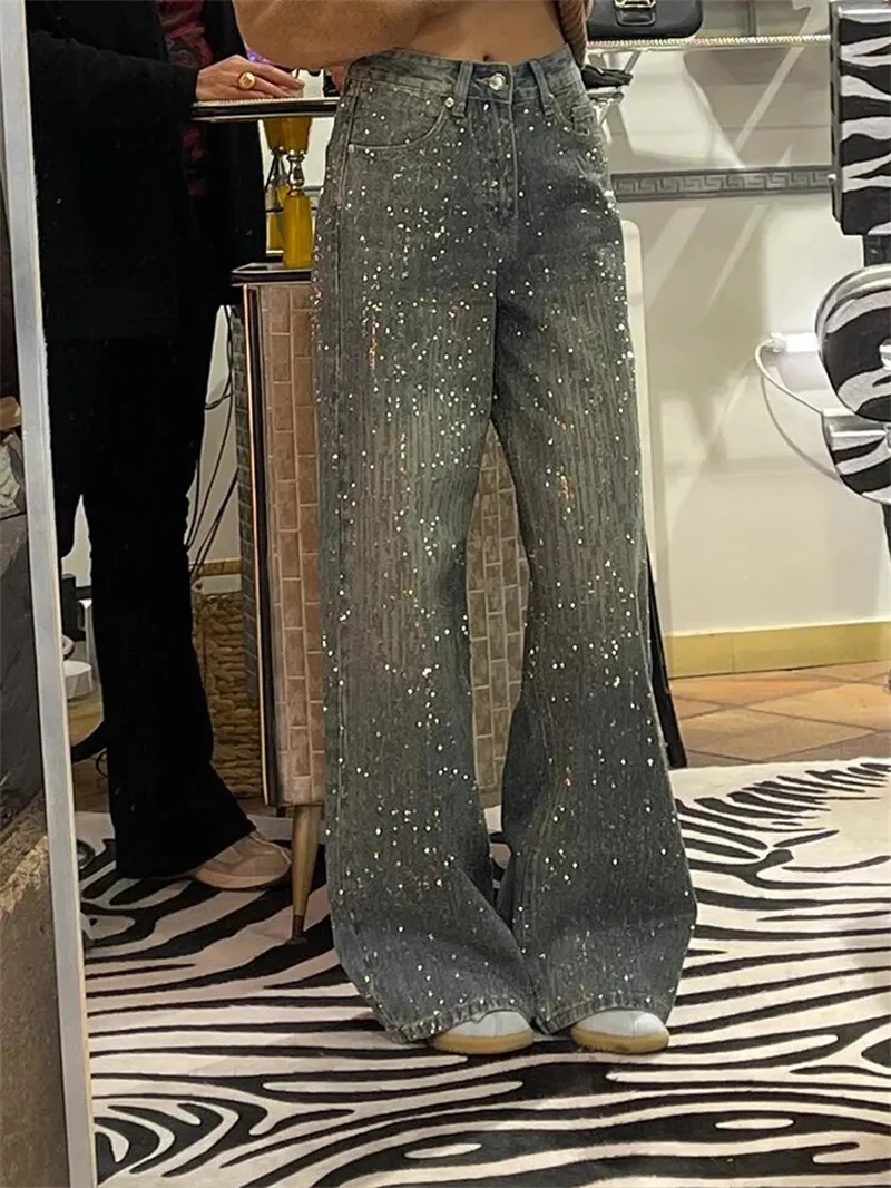 American Retro Plus Size Starry hot Diamond Spliced Jeans With Children's Spicy Design Sparkling and Shiny Floor Length Pants