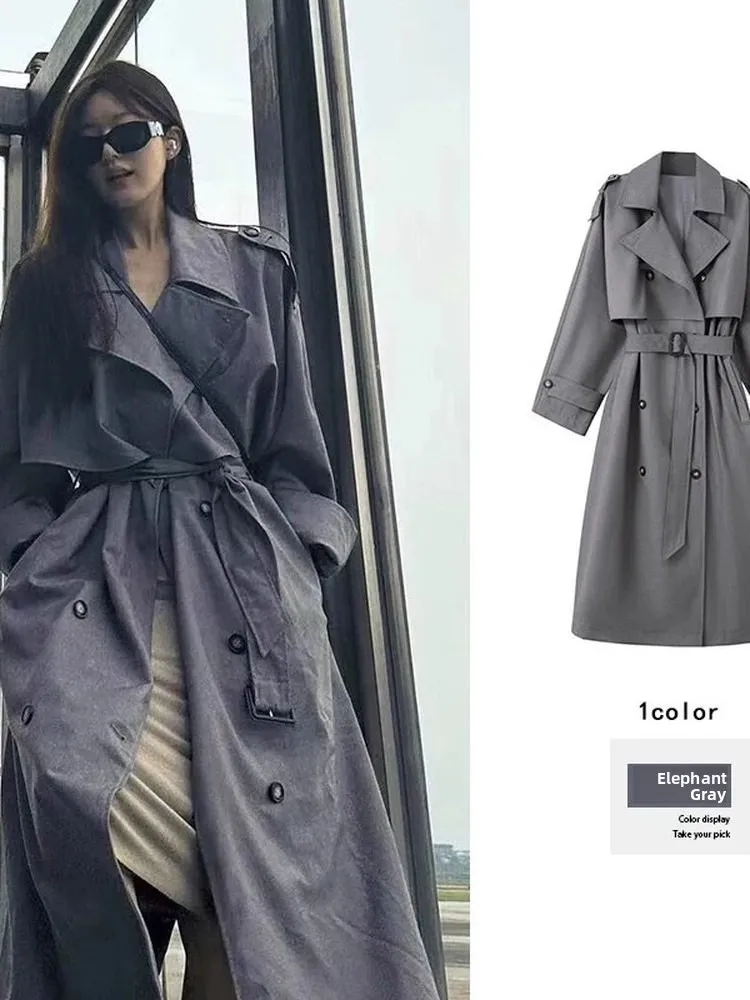 

Loose Fit Knee-Length Double-Breasted Grey Coat Women's Commuter Style Korean Fashion Windbreaker Jacket Tagkita Brand