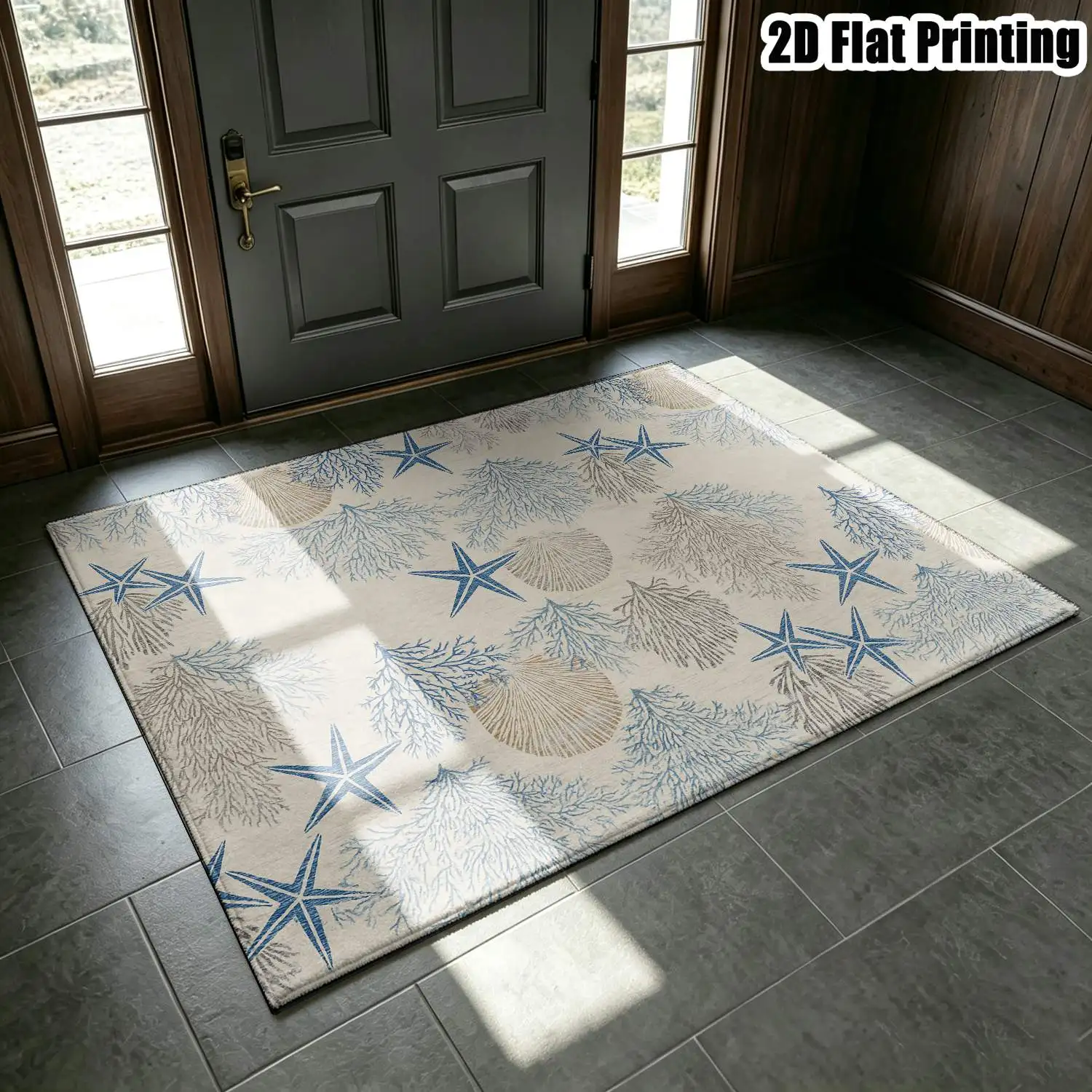 1Pc 2D Printed Blue-Grey Marine Life Carpet: Nordic Style, Instagram-Inspired, Machine Washable, Multi-Size, for Home Decor & Multi-Scene Use