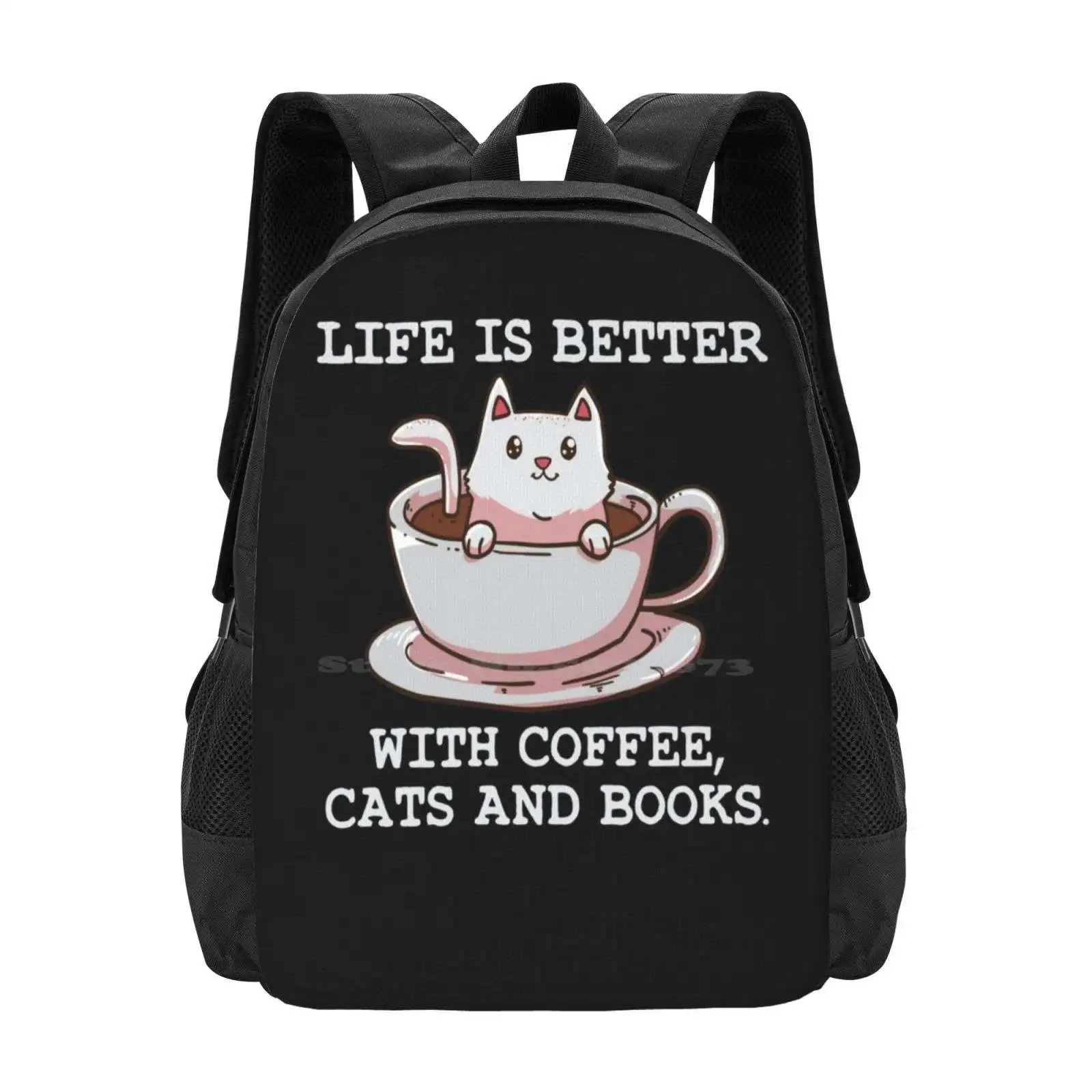 Mochila con diseño de gato para adolescentes, bolsa de diseño de gato bebedero, Anime, lectura de gusano, Neko, cafetería, mascota