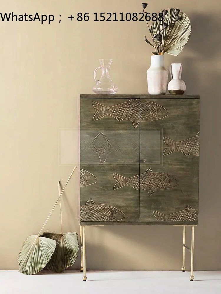 SCY retro solid wood carved wine cabinet metal stainless steel side cabinet handmade small fish locker