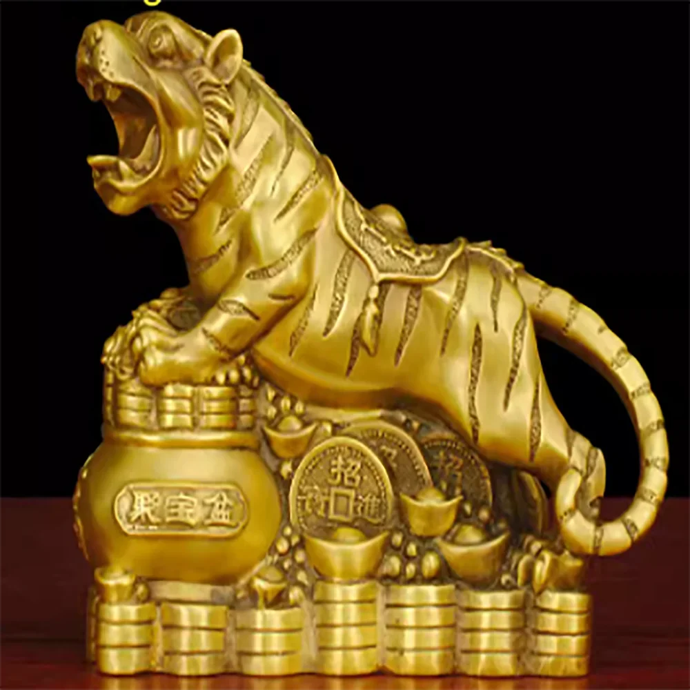 Pure copper tiger attracts wealth and wealth, gold money brings blessings to the tiger room, mascot, living room decoration