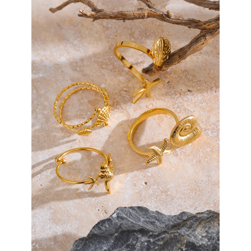 Yhpup Summer Ocean Style Shell Starfish Conch Adjustable Golden Ring 18K PVD Plated Stainless Steel Daily Jewelry Gift