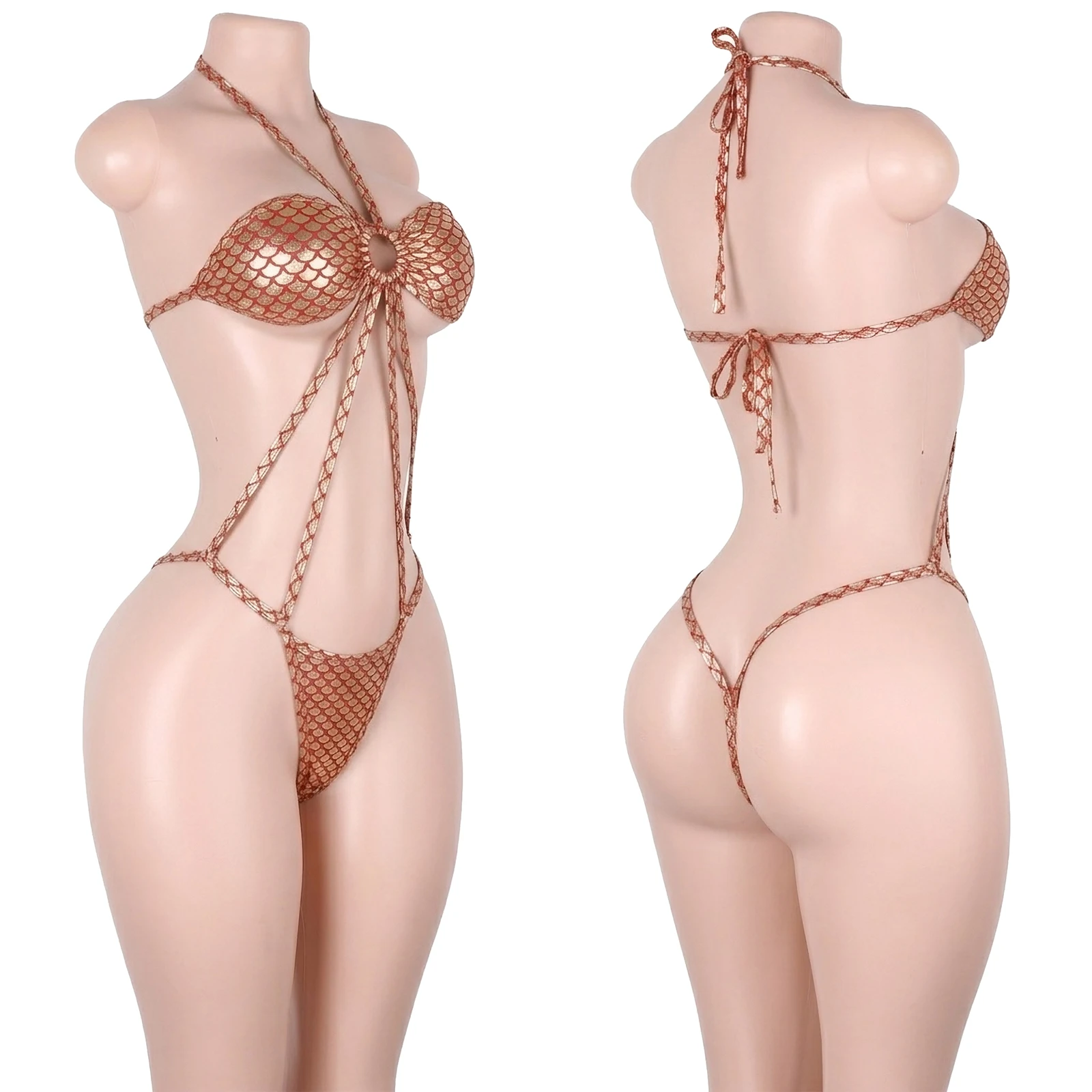 Wholesale Exotic Dance Wear Foil Scale Sparkly Gold Thread Lace-Up G-String Nightclub Stage Bodysuits Ensembles