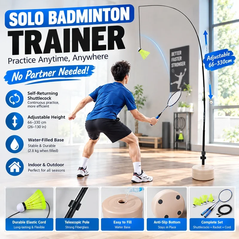 Solo Badminton Trainer Self-Returning Shuttlecock Elastic Pole Water Base Practice Set for Kids Adults Indoor Outdoor