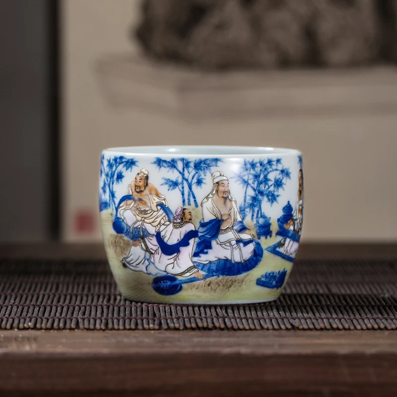 Collector's Edition Character Blue and White Tea Set Bamboo Forest Qixian Kombucha Master Cup Single Cup Tea Appreciation Cup