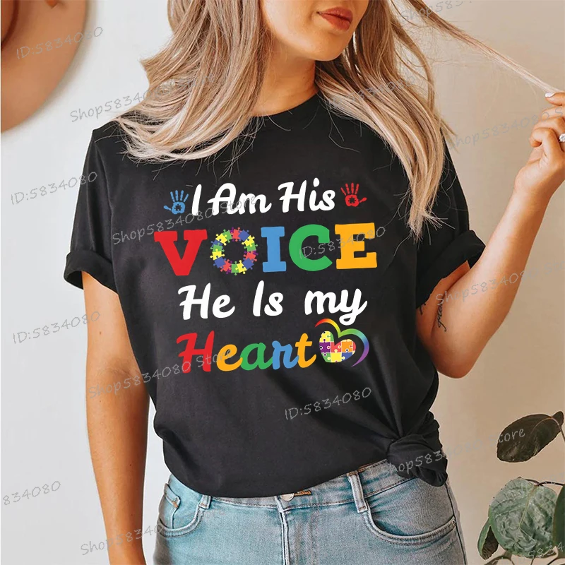 Neurodiversity Mom Tee I Am His Voice He Is My Heart T-Shirt Gift for Sped Teacher Crew Neck Tees Women Autism Awareness TShirts