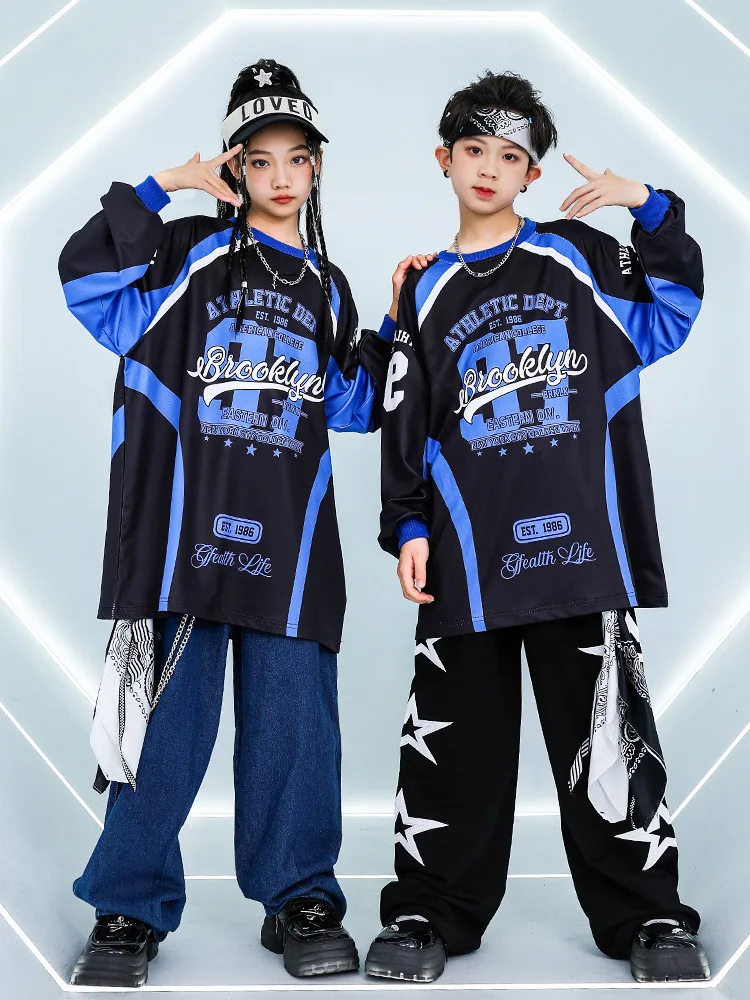 Street Dance Broek Jongens Hip Hop Jeans Kleding Sets Kinderen Jazz Kostuum Meisjes K-pop Blauw-Zwart Contrast Sweatshirt