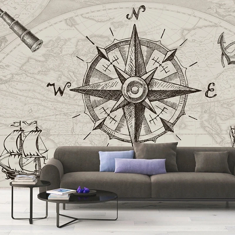 

Eco-friendly Custom Photo Mural Vintage Map Hand Drawn Compass Navigation Pattern Wallpaper Home Interior Decoration Wall Paper