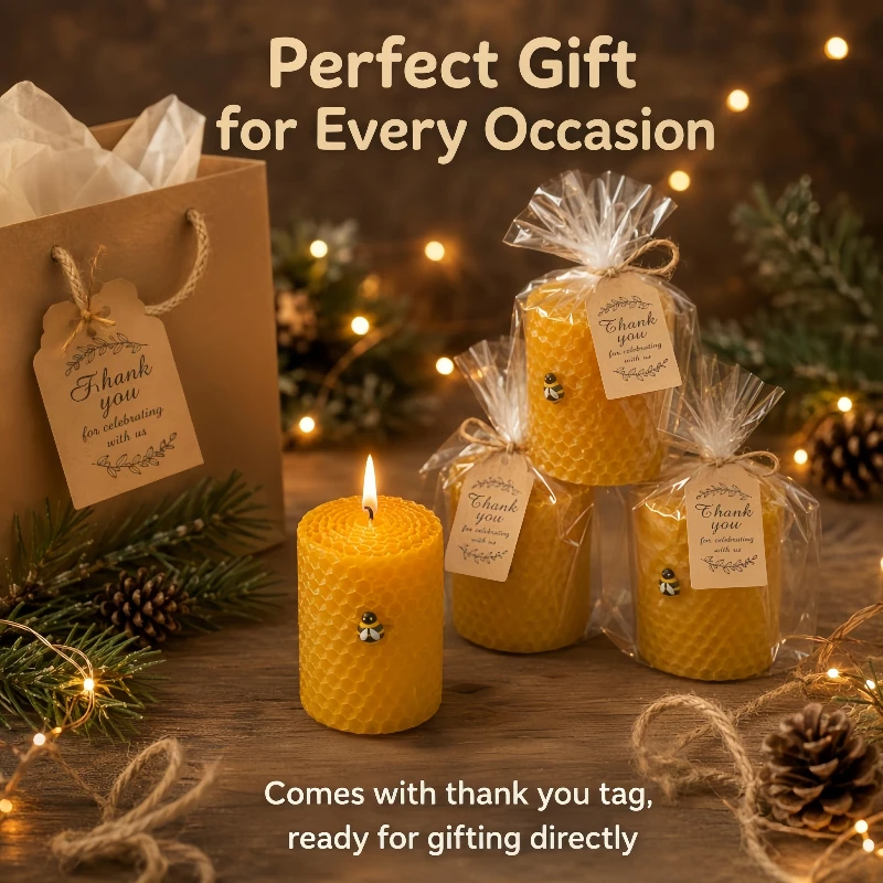 7.5*3.5cm Beeswax Pillar Candle with Bee Decor Thank You Card, Rustic Farmhouse Decor Wedding Housewarming Party Souvenir ﻿