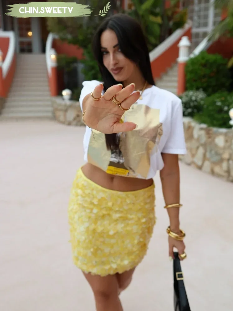 

Fashionable solid sequin short skirt women sexy yellow zipper high waisted mini skirts 2025 new summer street holiday lady wear