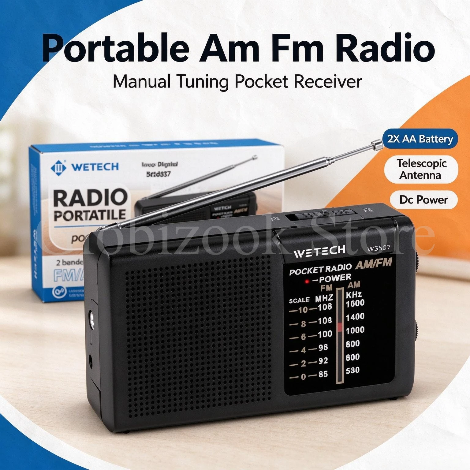 Radio portatile FM/AM con sintonizzazione manuale, alimentazione a corrente continua, ingresso ausiliario e antenna telescopica, ideale per casa, viaggi e uso quotidiano.