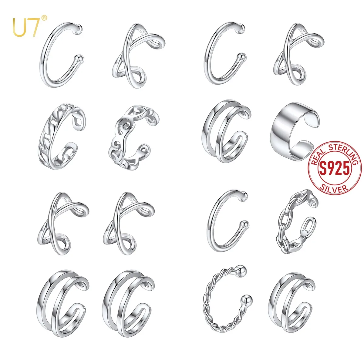 

U7 4pcs/set 925 Sterling Silver Criss Cross Chains Lines Ear Cuff Sets for Women No Pierced Simple Cartilage Earring Clip Gift