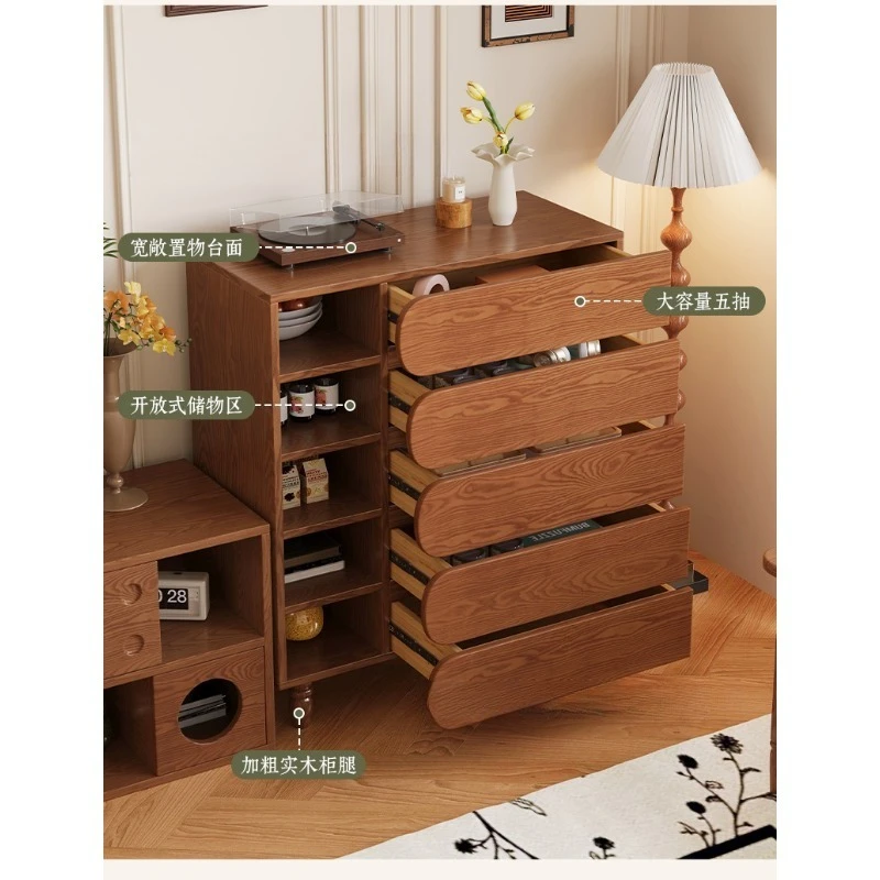 French retro solid wood chest of drawers, integrated storage side cabinet against the wall, drawer storage cabinet