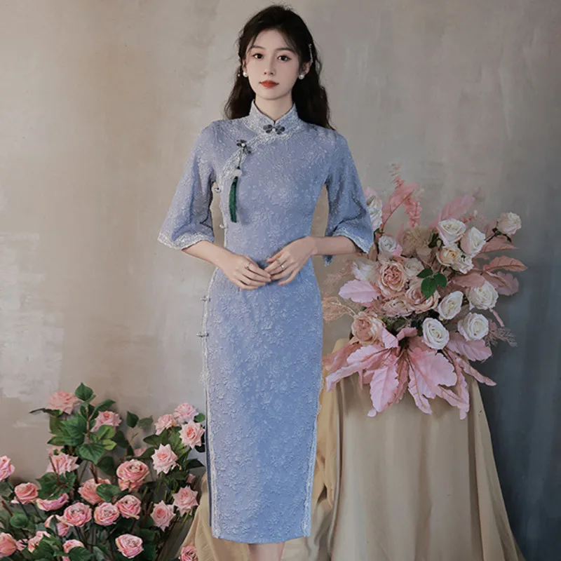 

Blue Girl Qipao Tradition China Costume Elegant National Vintage Chinese Style Dress Slim Women Summer Modern Improved Cheongsam