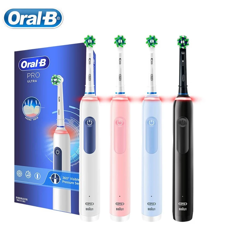 أورال-بي-فرشاة الأسنان الكهربائية Pro4000 ، ثلاثية الأبعاد ، كروس أكشن ، نظيفة ، 4 أوضاع ، الموقت الذكي ، استشعار الضغط المرئي ، إعادة شحن فرشاة الأسنان Pro4