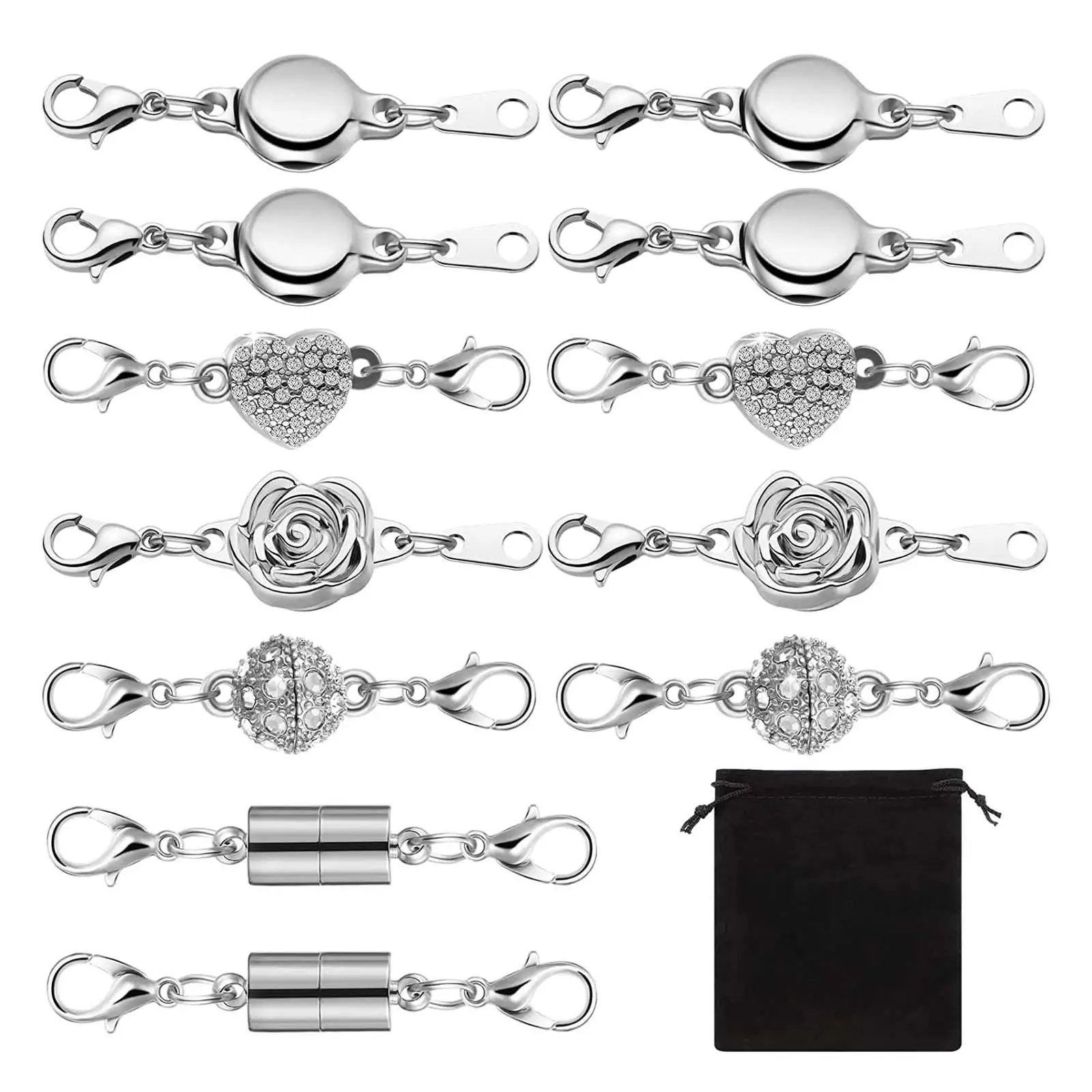 Magnetic Closures for Jewelry Set Alloy Silver Easy to Use Lobster Clasps for Necklaces Bracelets Gifts