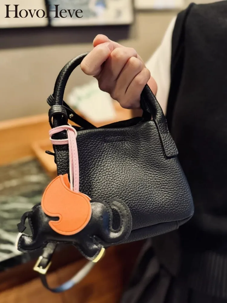 Ladies New Cowskin Genuine Leather Small Tote Handbag Women Solid Color Fashion Crossbody Bucket Bag Casual Single Shoulder Bags