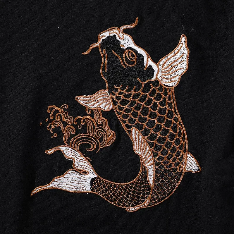 T Shirt Men Chinese Embroidery Cotton T Shirt Men Short Sleeve Fish Casual Loose Breathable Summer Top Harajuku Streetwear Male