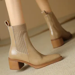 Women's genuine leather stretch knit patchwork slip-on autumn ankle boots thick med heel pointed toe casual female short booties
