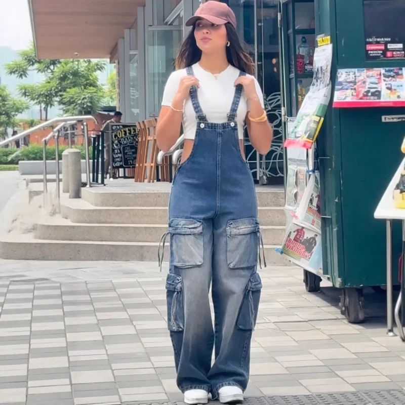 Trendy Women's Casual Straight Leg Denim Overalls Street Multi Pocket Jumpsuit 2026 Fashion Streetwear for Women