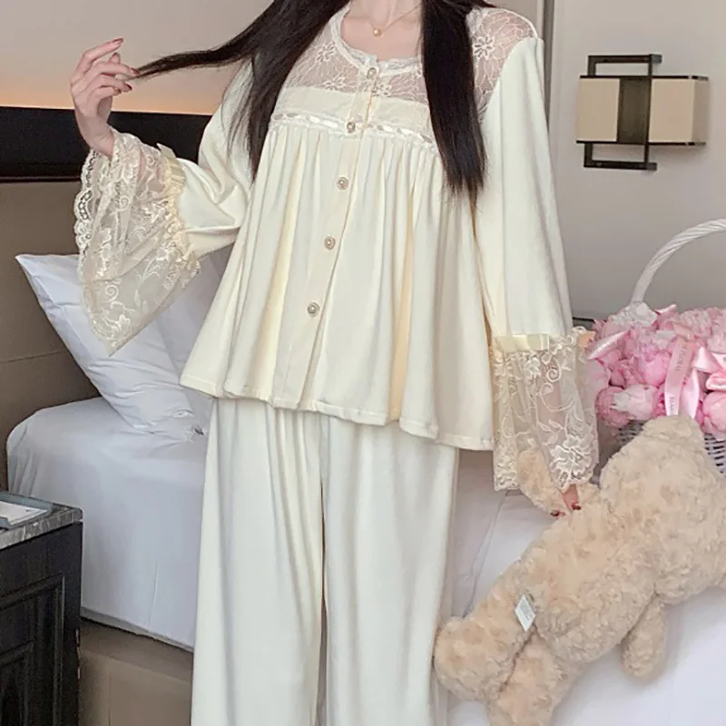 new island velvet pajamas set for women sexy lace French double-sided velvet outside home wear sleepwear