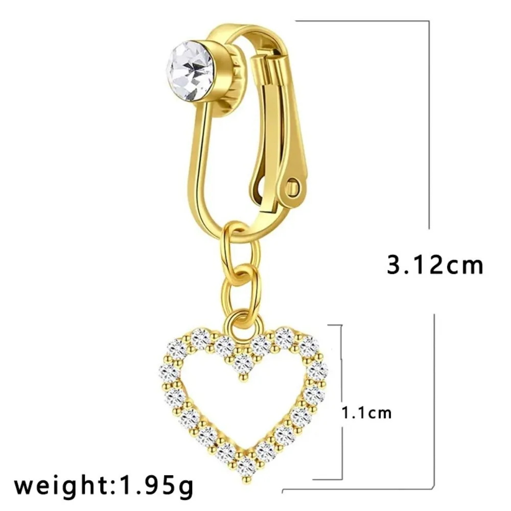 New Zircon Clip on Belly Button Ring Heart Design Butterfly Fake Belly Button Dangling Chain Style Gold Faux Belly Rings Women