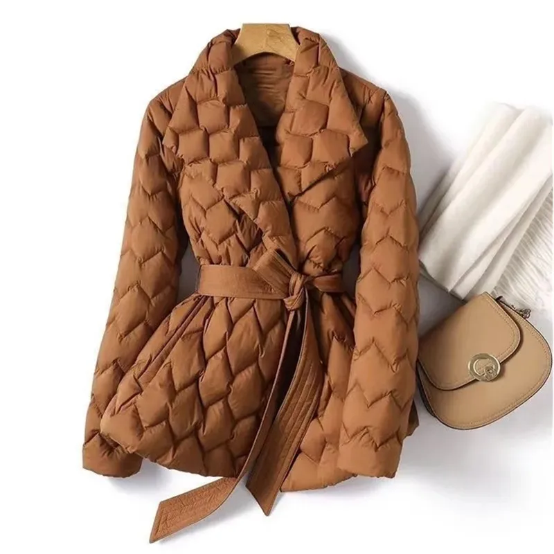 Doudoune légère avec ceinture pour femme, élégante, longue, en coton, duvet de canard blanc, Parka pour dames, manteaux d'hiver