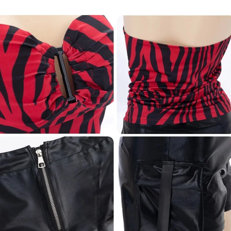 Women Halloween Cosplay Costume Obsession, Nikki Outfit Red Black Zebra, Halter Top Shorts Set Movie, Role Play Party Stage Suit