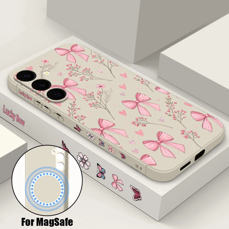 Pink Bowknots Floral Pattern Case For Samsung Galaxy S25 Utra S24 S23 Plus S22 S21 FE Magnetic For Magsafe Silicone Cover Funda