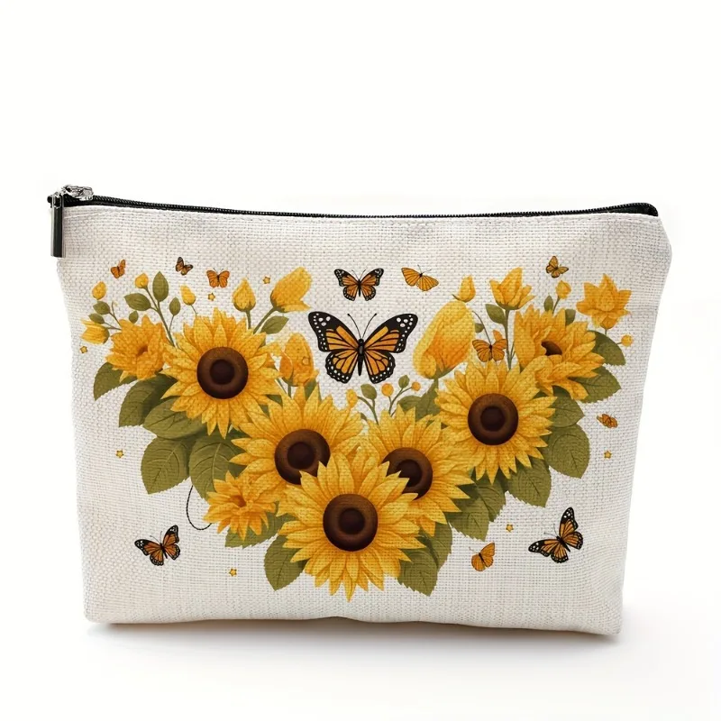 A Sunflower and butterfly makeup bag - cute multifunctional zip bag for women, jewelry storage bag