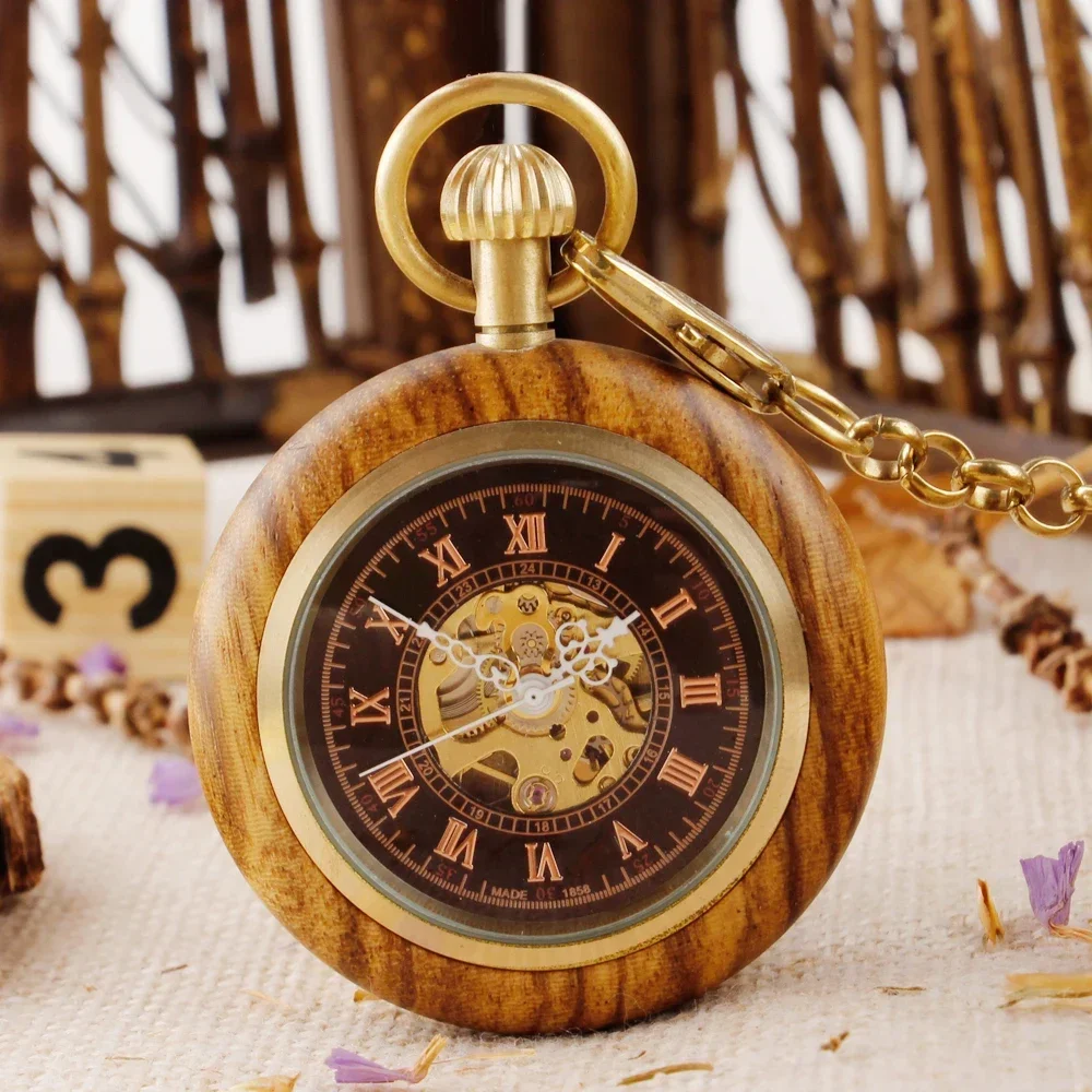 

Wooden Mechanical Pocket Watch Automatic Self-Wind Pocket Pendant Clock Luxury Watch for Men Women with 30cm Bronze Chain