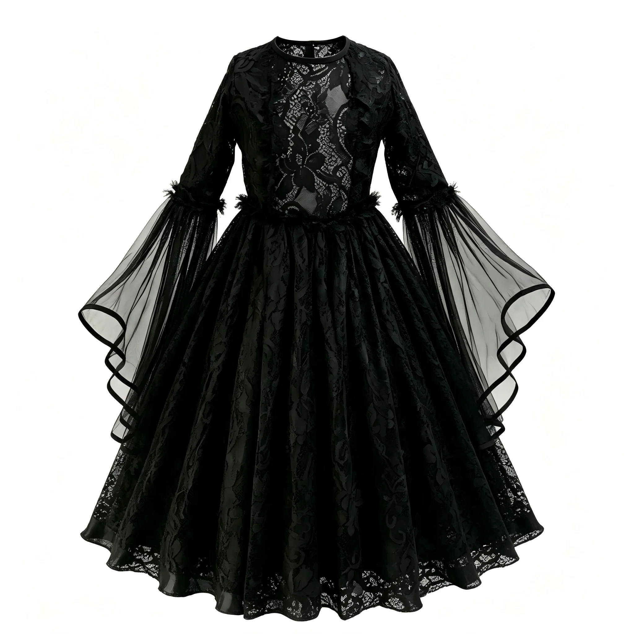 Schwarzes Gothic-Spitzenkleid für Mädchen, Langes Kleid mit Transparenten Glockenärmeln, Hexen- und Vampirkostüm für Halloween, Cosplay und Themenpartys – Detail 3