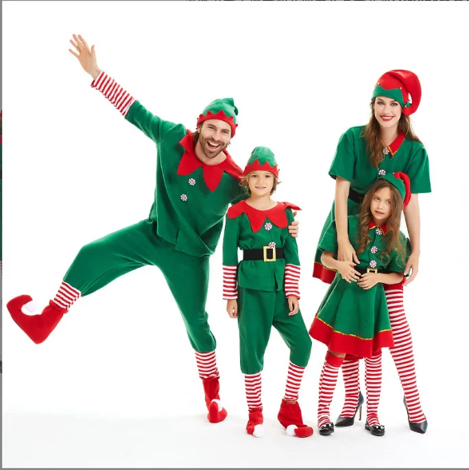 Christmas Party Elf Family Costume Green Santa Claus Performance Fancy Clothing for Men Women Girls Boys Mother Kids Outfit Set